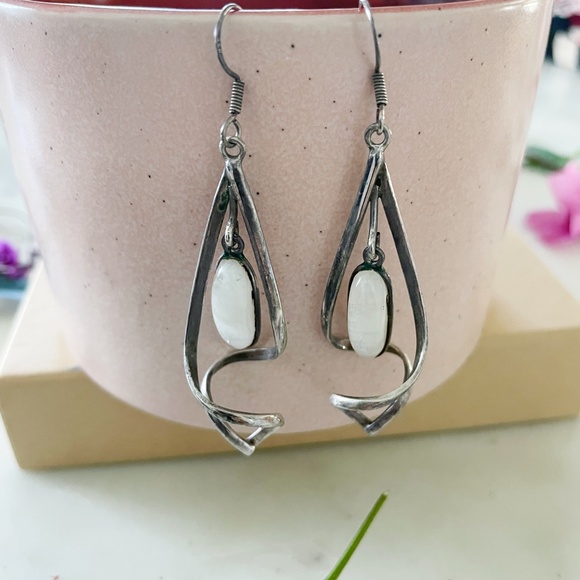 Moonstone Sterling Silver Dangle Drop Twirly Earrings - Picture 5 of 11